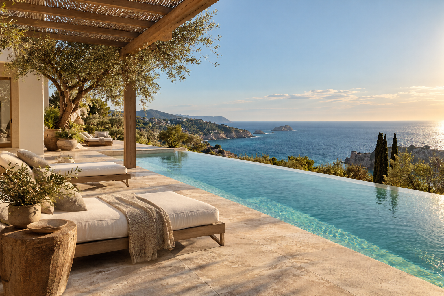 Villa with a pool and outdoor dining space, concept image